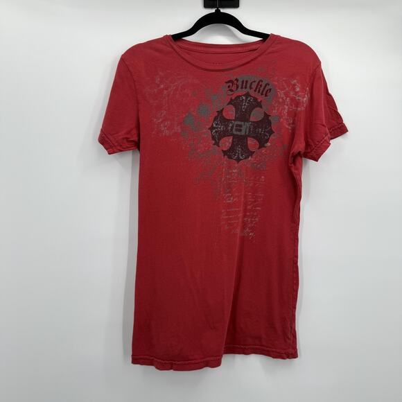 Buckle Shirt Womens Extra Large Red Graphic Cross Faded Made in USA Y2K Mallcore - Picture 1 of 9